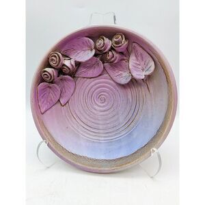 Art Pottery Bowl Dish With Roses / Purple Hues Applied Flowers Mother's Day